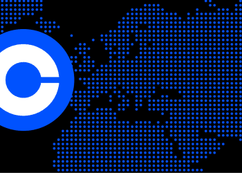 Coinbase Logo over dotted map of Europe