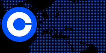 Coinbase Logo over dotted map of Europe