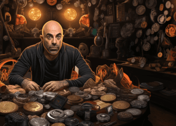Podcaster Joe Rogan Surrounded by Bitcoin (Cartoon Style)
