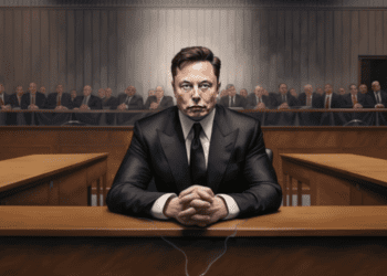 Elon Musk Pictured in Courthouse in Cartoon Style