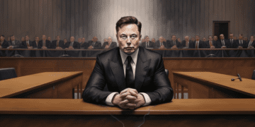 Elon Musk Pictured in Courthouse in Cartoon Style