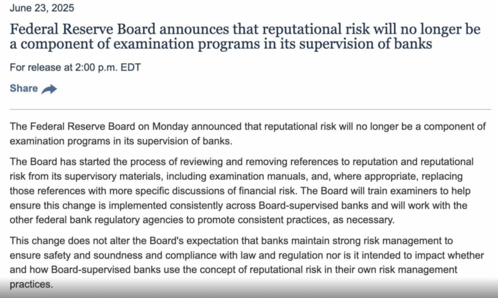 Federal Reserve Board Removed Reputation Risk