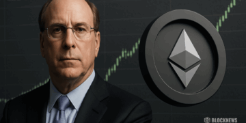 Blackrock CEO Larry Fink and Ethereum coin symbolizing BlackRock $455M ETF inflows and ETH price rally.