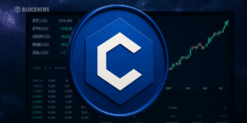 Crypto.com CRO with a rising trading chart in the background symbolizing cryptocurrency growth