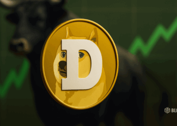 Dogecoin coin with bullish green chart trend, signaling rising hashrate and price momentum.