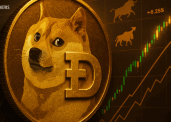 Dogecoin (DOGE) coin with bullish and bearish crypto charts showing volatility in price trends.