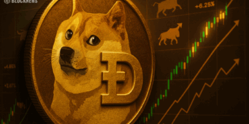 Dogecoin (DOGE) coin with bullish and bearish crypto charts showing volatility in price trends.