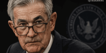 Jerome Powell with SEC logo, symbolizing rate cuts and U.S. financial policy.