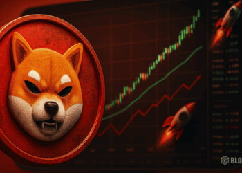 Shiba Inu crypto logo displayed over an upward-trending market chart with rocket graphics in the background, representing price growth and bullish momentum.