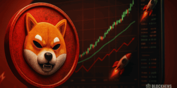 Shiba Inu crypto logo displayed over an upward-trending market chart with rocket graphics in the background, representing price growth and bullish momentum.