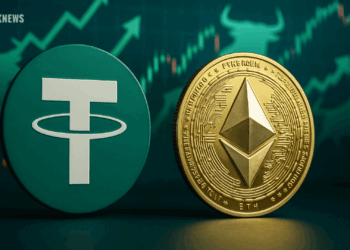 Tether and Ethereum coins symbolizing $1B USDT mint on Ethereum blockchain.