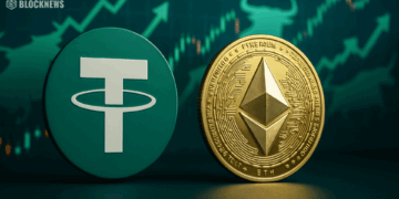Tether and Ethereum coins symbolizing $1B USDT mint on Ethereum blockchain.