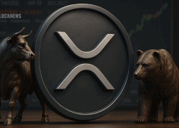 XRP coin with bull and bear statues symbolizing cryptocurrency market trends