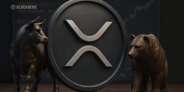 XRP coin with bull and bear statues symbolizing cryptocurrency market trends