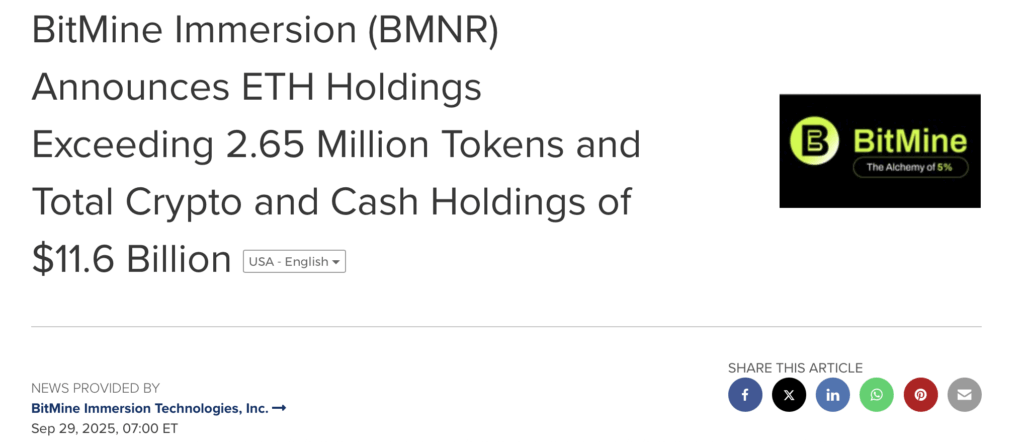 Bitmine Immersion bmnr Announces Eth Holdings