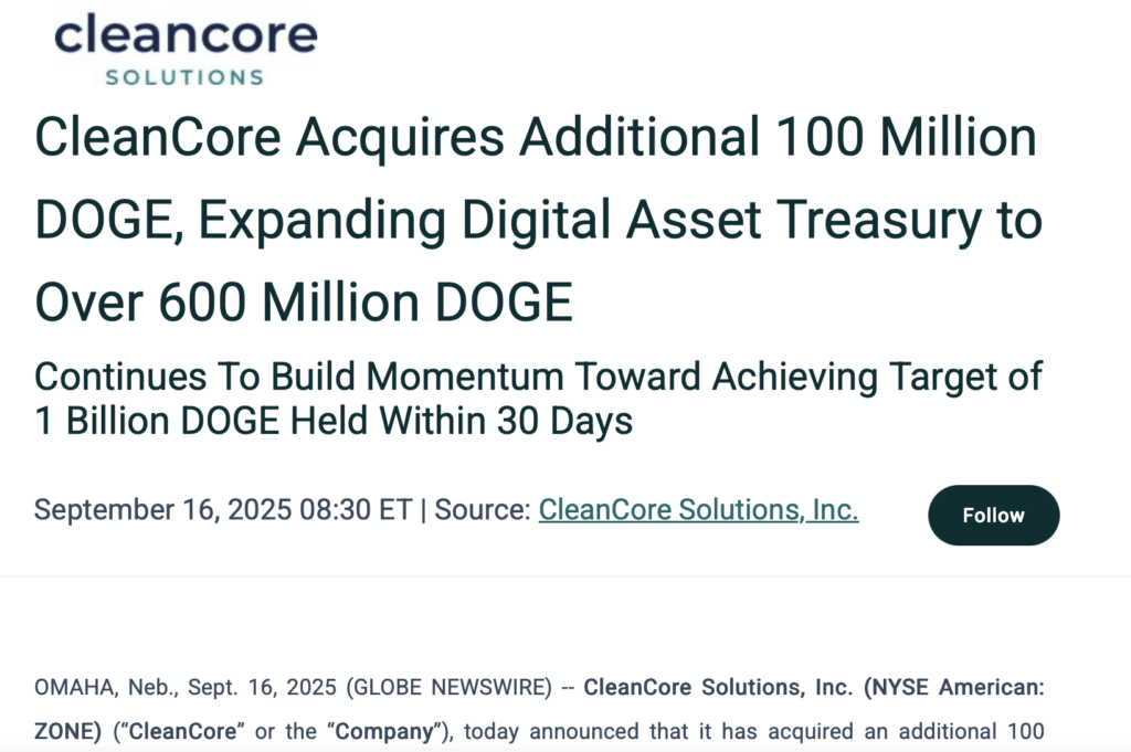 CleanCore Ramps Up Dogecoin Treasury With 100M Extra DOGE – BlockNews
