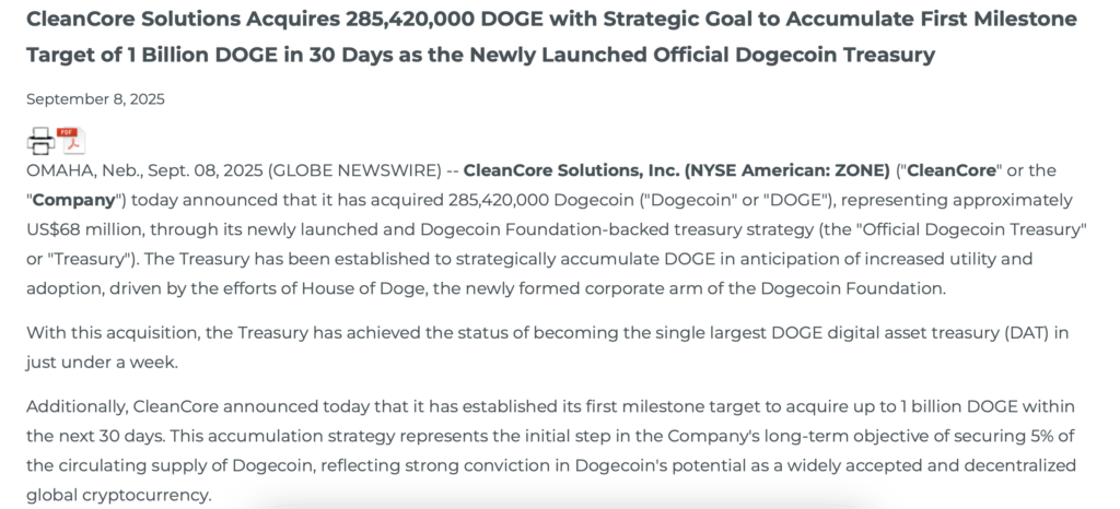 Cleancore Solutions Acquires 285420000 Doge