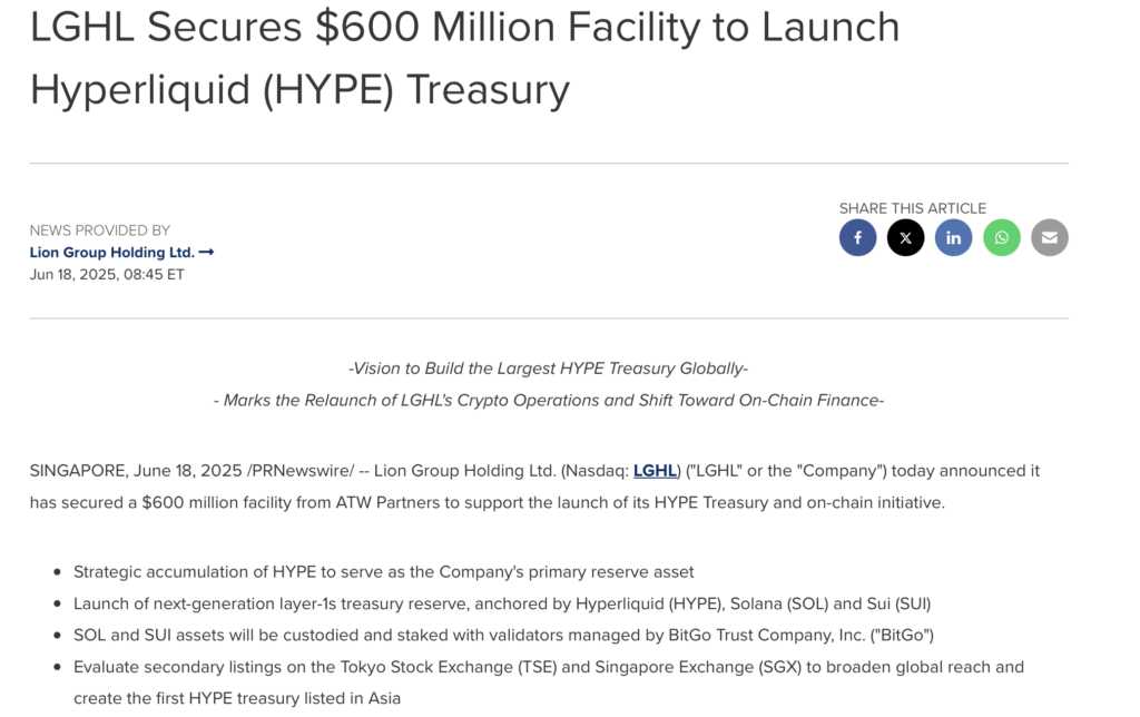Lghl Secures 0 Million Facility to Launch Hyperliquid hype Treasury