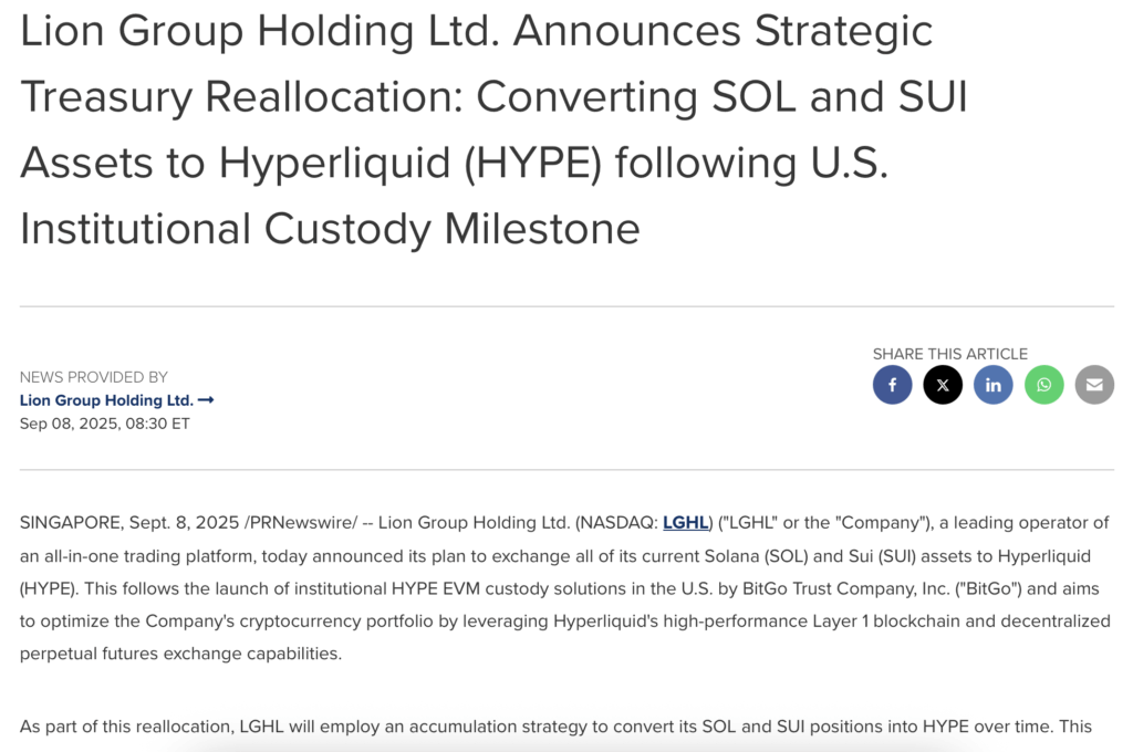 Lion Group Holding Ltd Announces Converting Sol and Sui Assets to Hyperliquid