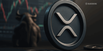 XRP coin logo with a bull looking at a big crypto exchange dashboard representing something big is coming this October