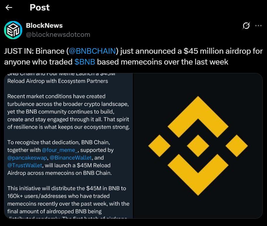 Bnb Chain Four Meme Partners Kick off m Reload Airdrop to Reward Memecoin Traders