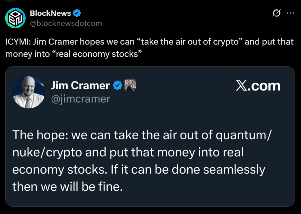 Jim Cramer Fears Growing Influence of Crypto over Us Stocks Here is Why