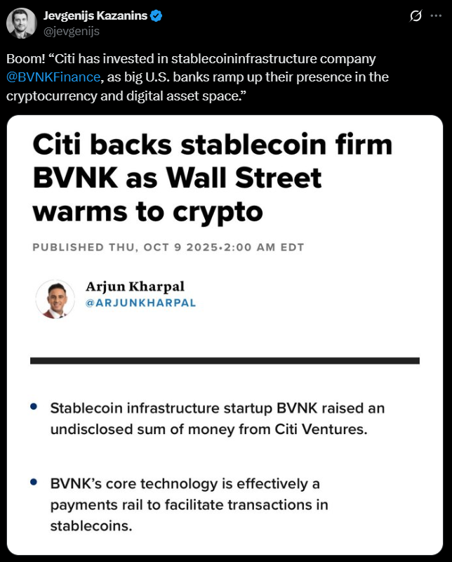 Citi Joins Visa in Backing Stablecoin Payments Platform Bvnk