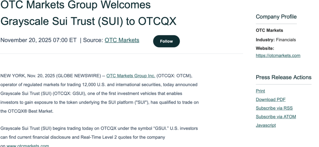 Grayscale Sui Trust sui to Otcqx