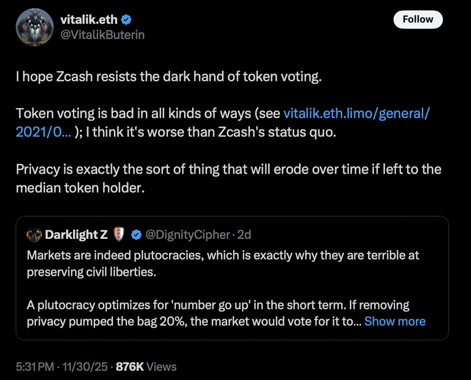 Vitalik Warns Zcash In opposition to Token Voting — Right here Is Why He Says It Might Slowly Destroy Privateness