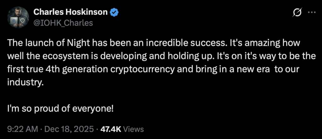 Midnight Surges After Launch as Charles Hoskinson Calls NIGHT a Fourth-Era Crypto – BlockNews Midnight Surges After Launch as Charles Hoskinson Calls NIGHT a Fourth-Era Crypto – BlockNews