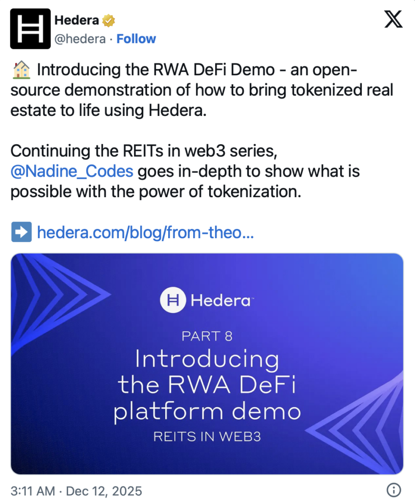 Hedera Launches RWA DeFi Demo for Actual Property – Right here is How Tokenized Property Might Work on Web3 – BlockNews Hedera Launches RWA DeFi Demo for Actual Property – Right here is How Tokenized Property Might Work on Web3 – BlockNews