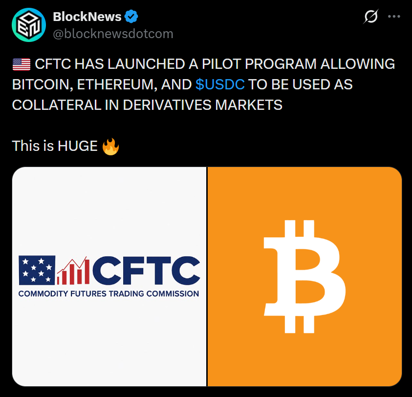 CFTC Launches Tokenized Collateral Pilot for BTC, ETH, and USDC in US Derivatives Markets – Right here Is How It Modifications Crypto Entry – BlockNews CFTC Launches Tokenized Collateral Pilot for BTC, ETH, and USDC in US Derivatives Markets – Right here Is How It Modifications Crypto Entry – BlockNews