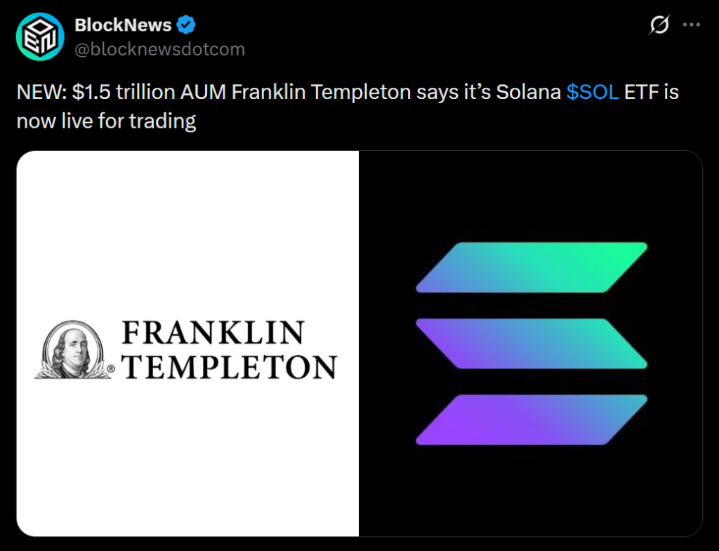 Franklin Templeton Launches Solana ETF on NYSE Arca as Institutional Demand Grows – Here Is What SOEZ Offers