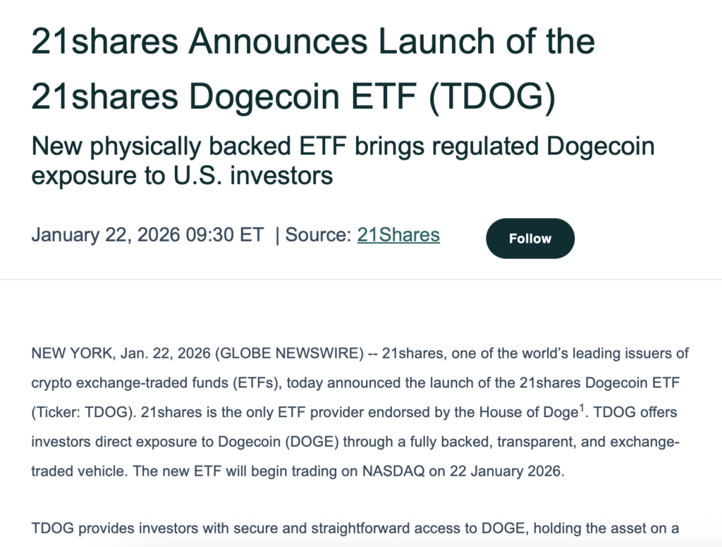 Dogecoin Strikes Nearer to Wall Avenue as 21Shares Launches Spot ETF on Nasdaq – BlockNews Dogecoin Strikes Nearer to Wall Avenue as 21Shares Launches Spot ETF on Nasdaq – BlockNews