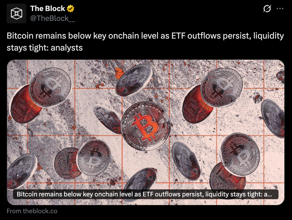 Bitcoin Caught Under Its Onchain Line within the Sand as ETF Outflows Preserve Liquidity Choked – BlockNews Bitcoin Caught Under Its Onchain Line within the Sand as ETF Outflows Preserve Liquidity Choked – BlockNews
