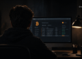 Person seen from behind, dark room, staring at a monitor displaying a cryptocurrency dashboard with a Bitcoin symbol and orange highlights.