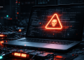 Laptop screen shows a glowing red warning triangle with a skull, signaling malware threat in a dark cyber setting.