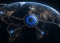 Earth from space with glowing city lights bound by metal chains and a blue blockchain emblem in the foreground (BlockNews watermark)