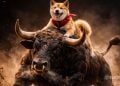 Shiba Inu wearing a red bandana rides a charging dark buffalo with large horns through dusty ground.