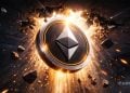 Glossy Ethereum coin surrounded by a blazing halo of light and flying debris in a dark environment, conveying dramatic crypto news.