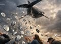 Surreal scene: a large whale-like figure sprays Ethereum coins into the air as people reach out beneath a stormy sky with clouds.
