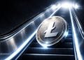 Litecoin coin on a moving escalator bathed in blue neon light, symbol rising toward a bright glow in a dark futuristic setting.