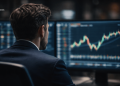 Man in a suit seated at a desk, analyzing stock charts on dual monitors in a trading room (BlockNews).
