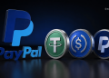 3D PayPal logo with shiny currency coins (Turkish lira and dollar) on a dark background.