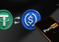 Green Tether coin and blue dollar coin with exchange arrows toward a smartphone displaying Pornhub logo.