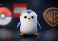 Cartoon penguin figurine on a dark surface with blurred Pokémon, LEGO, and Warner Bros logos in the background.