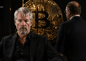 Two men in black suits sit before a large gold Bitcoin coin; one faces the camera with a stern expression, the other turned away.