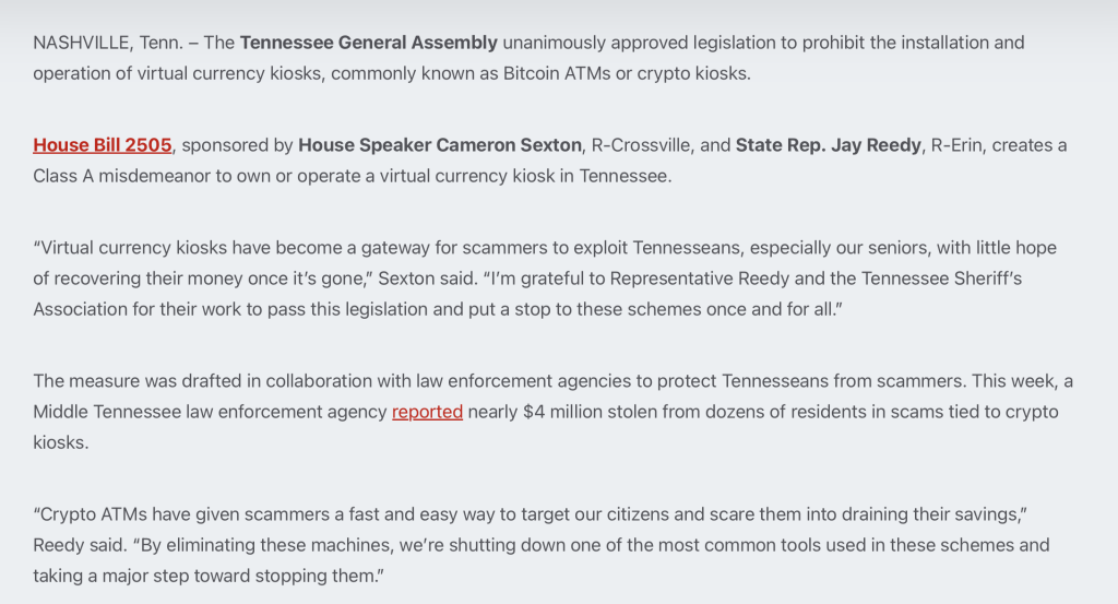 Tennessee Bans Bitcoin ATMs Amid Rising Crypto Scams – Right here Is What It Means for Customers and Operators – BlockNews