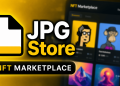 JPG Store NFT marketplace banner with bold white 'JPG Store' on a yellow glow and blurred NFT avatar thumbnails in the background