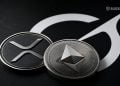 XRP and Ethereum coins on a dark surface with a blurred white logo in the background (BlockNews watermark).